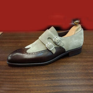 Handmade Brown Gray Double Monk shoes, Dress shoes - leathersguru