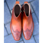 Handmade Brown Leather Boot, Men's Ankle High Side Zipper Wing Tip Brogue Dress Boot