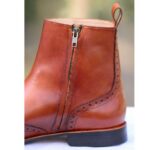 Handmade Brown Leather Boot, Men's Ankle High Side Zipper Wing Tip Brogue Dress Boot