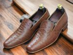 Handmade Brown Ostrich Leather Slip On Loafer Moccasin Shoes, Formal Wear Shoes