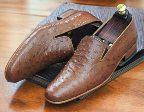 Handmade Brown Ostrich Leather Slip On Loafer Moccasin Shoes, Formal Wear Shoes