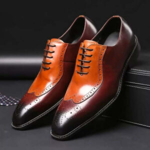 Handmade Brown Tan Color Leather shoes, Men Lace Up Wing Tip Brogue Formal Shoes