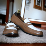 Handmade Brown White Slip on Moccasin Loafer Shoes, Leather Penny Loafer Shoes, Men's Shoes