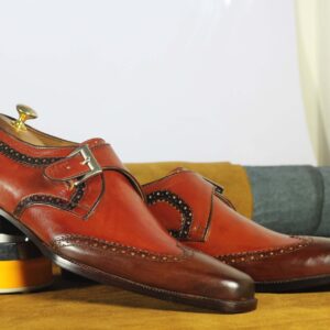 Handmade Brown Wing Tip Shoes Stylish Leather Buckle Shoes For Men's