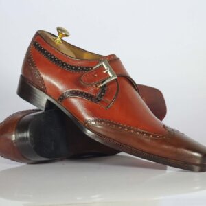 Handmade Brown Wing Tip Shoes Stylish Leather Buckle Shoes For Men's