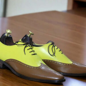 Handmade Brown Yellow Genuine Leather Lace Up Shoes, Men's Dress Shoes