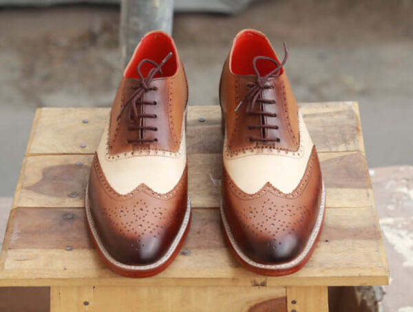 Handmade Brown & White Wing Tip Brogue Leather Lace Up Shoes For Men's