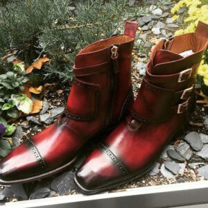 Handmade Burgundy Leather Buckle Boot, Men's Triple Monk Cap Toe Side Zipper Boots