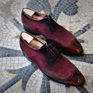 Handmade Burgundy Leather Suede Shoes, Wing Tip Lace Up Fashion Shoes