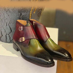 Handmade Burgundy Light Green Leather Buckle Boot, Men's Double Monk Strap Brogue Boots