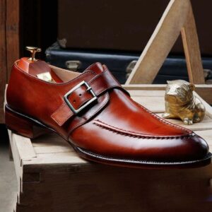 Handmade Burgundy Monk Buckle Shoes, Men's Party Shoes, Leather Shoes