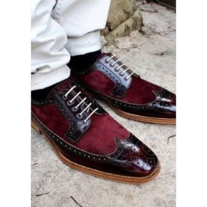 Handmade Burgundy Wing Tip Brogue Leather Suede Shoes,Oxford Men's Shoes