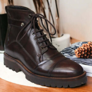 Handmade Dark Brown Lace Up Cap Toe Boot, Rubber Sole Boot, Luxury Boot