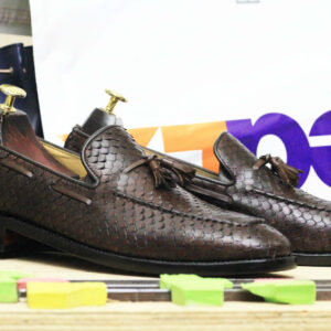 Handmade Dark Brown Python Leather Shoes, Men's Slip On Loafer Tussle Shoes