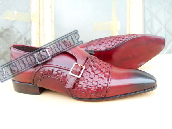 Handmade Double Monk Wavy Leather Shoes Men Leather Dress Burgundy Leather Shoes