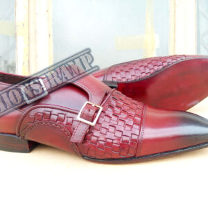 Handmade Double Monk Wavy Leather Shoes Men Leather Dress Burgundy Leather Shoes