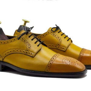 Handmade Elegant Dress Tan Lace Up Leather Cap Toe Shoes For Men's