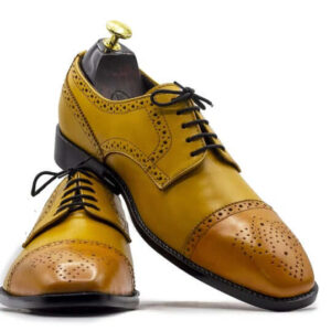 Handmade Elegant Dress Tan Lace Up Leather Cap Toe Shoes For Men's