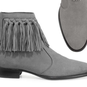 Handmade Gray Fringe Ankle Boots, Men Leather Gray Ankle Boots