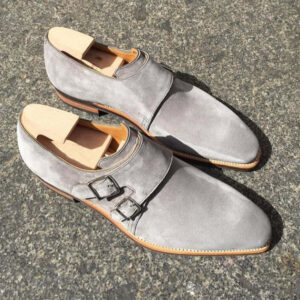 Handmade Gray Suede Double Monk Strap shoes for men's