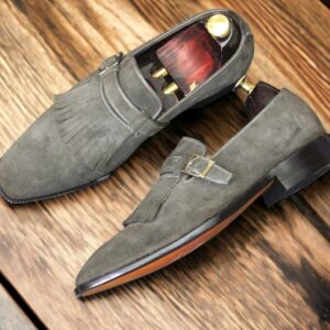 Handmade Gray Suede Monk Fringe Style Shoes  For Men's