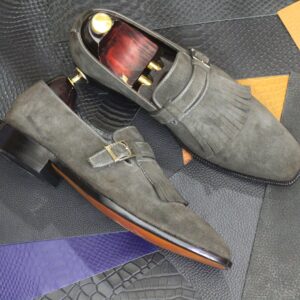 Handmade Gray Suede Monk Fringe Style Shoes  For Men's