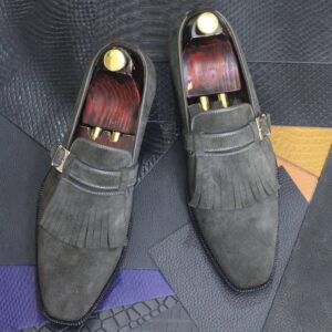 Handmade Gray Suede Monk Fringe Style Shoes  For Men's