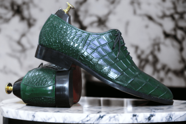 Handmade Green Alligator Texture Lace Up Shoes, Dress Shoes, Men's Shoes