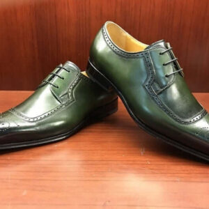 Handmade Green Color Leather Dress Shoes, Men's Brogue Style Lace Up Shoes