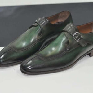 Handmade Green Color Leather Shoes, Men's Slip Toe Monk Strap Dress Shoes