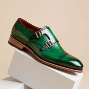 Handmade Green Leather Shoes, Cap Toe Monk Shoes, Men's Strap Dress Shoes