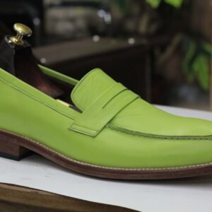 Handmade Green Penny Loafer Leather Shoes, Slip On Casual Moccasin Shoes