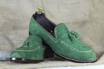 Handmade Green Suede Loafer Tussle Slip On Moccassin Shoes For Men's