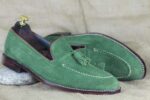 Handmade Green Suede Loafer Tussle Slip On Moccassin Shoes For Men's