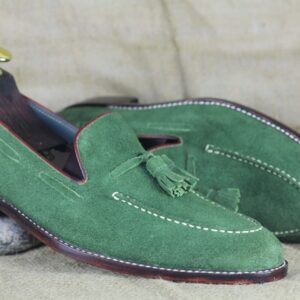 Handmade Green Suede Loafer Tussle Slip On Moccassin Shoes For Men's