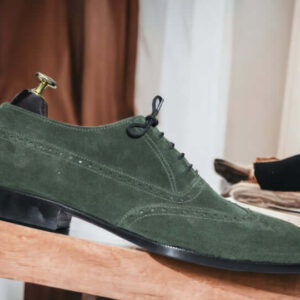 Handmade Green Suede Shoes, Wing Tip Shoes, Lace Up Dress Shoes