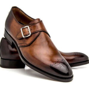 Handmade Leather Brown Single Buckle Style Shoes, Brogue Toe Shoes