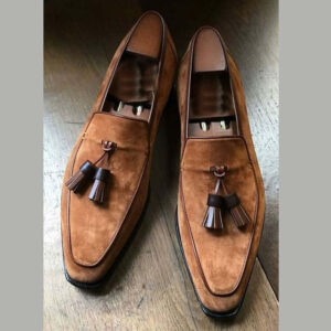 Handmade Light Brown Color Suede Loafer Slipper Party Dress Men's Fashion Moccasin Tussles Shoes