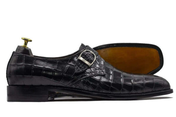 Handmade Men Black Alligator Texture Shoes, Monk Strap Leather Shoes