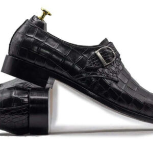 Handmade Men Black Alligator Texture Shoes, Monk Strap Leather Shoes