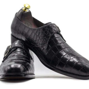 Handmade Men Black Alligator Texture Shoes, Monk Strap Leather Shoes