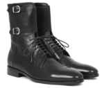 Men Cap toe Boots, Men Black High Ankle Lace Up Monk Strap Leather Boot