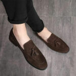 Hand Crafted Brown Suede Round Toe Tussles Loafer Shoes for Men's - leathersguru