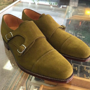 Handmade Men Olive Green Suede Double Monk Shoes