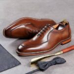 Handmade Men Square Toe Brown & Black Leather Dress Formal Slip On Shoes