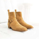 Hand Crafted Men's Ankle High Beige Suede Madrid Straps Boot - leathersguru