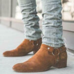 Hand Crafted Men's Ankle High Beige Suede Madrid Straps Boot - leathersguru