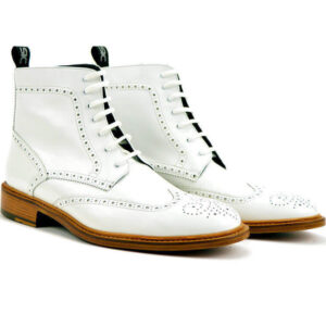 Men White Brogue Wing Tip Ankle Boots , White Lace Up Boots