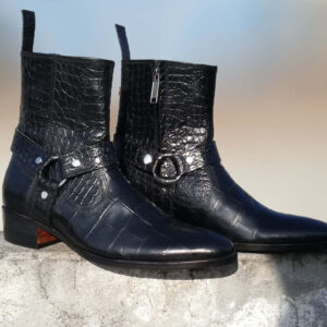 Men’s Ankle High Buckle Boots, Black Color Alligator Texture Leather Side Zipper Stylish