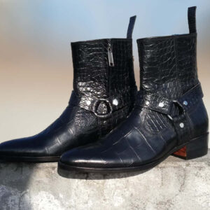 Men’s Ankle High Buckle Boots, Black Color Alligator Texture Leather Side Zipper Stylish